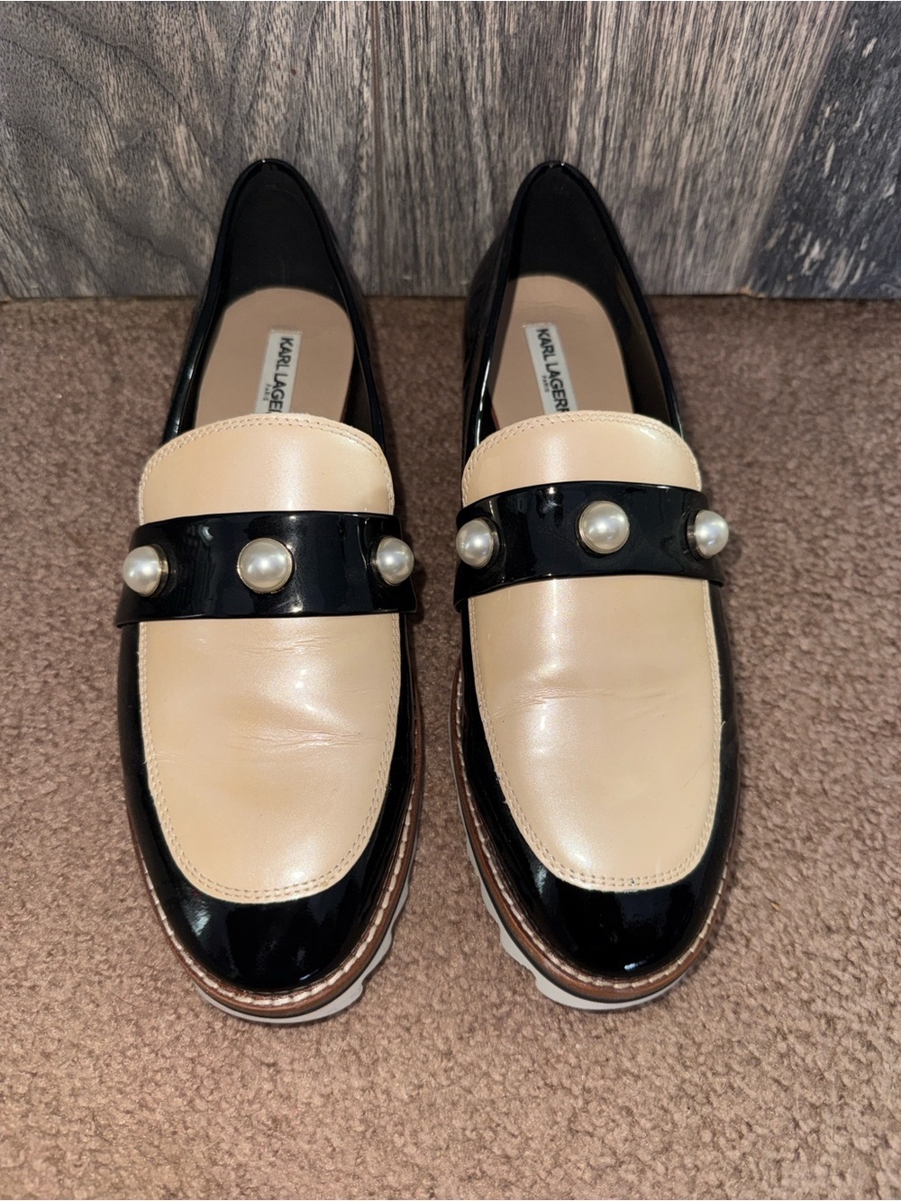 Karl Lagerfeld Cream and Black Pearl-Trim Loafers